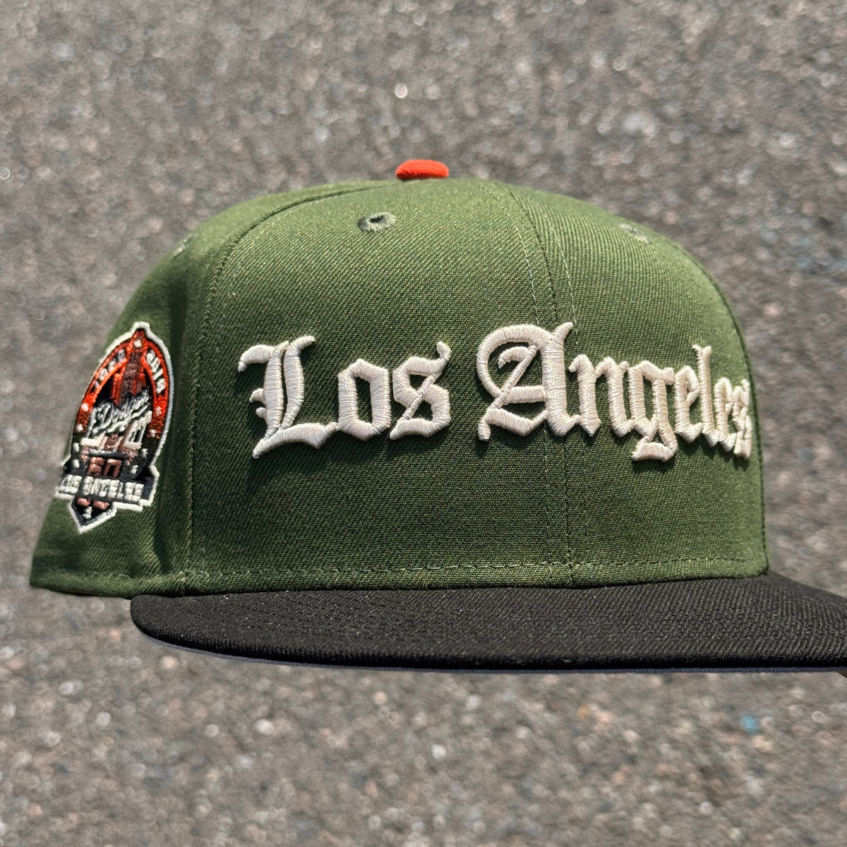Los Angeles Dodgers 60th Anniversary Side Patch MLB Fitted Hat New Era 5950 (Olive Green/Black/Orange/Ivory/Gray)