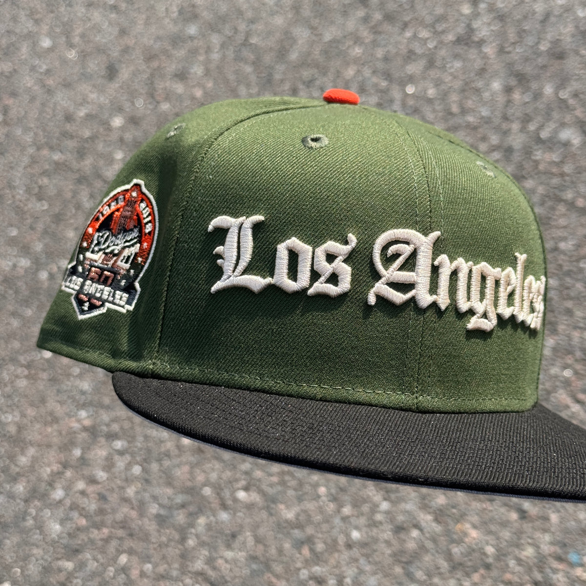 Los Angeles Dodgers 60th Anniversary Side Patch MLB Fitted Hat New Era 5950 (Olive Green/Black/Orange/Ivory/Gray)