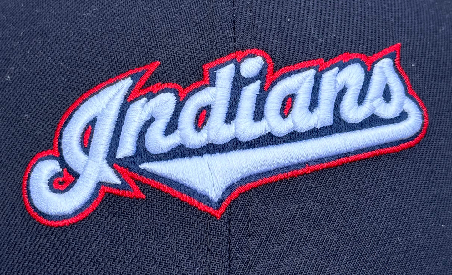 Cleveland Indians Script Municipal Stadium Side Patch Fitted Hat New Era 5950 (Navy Blue/Red/White/Gray)