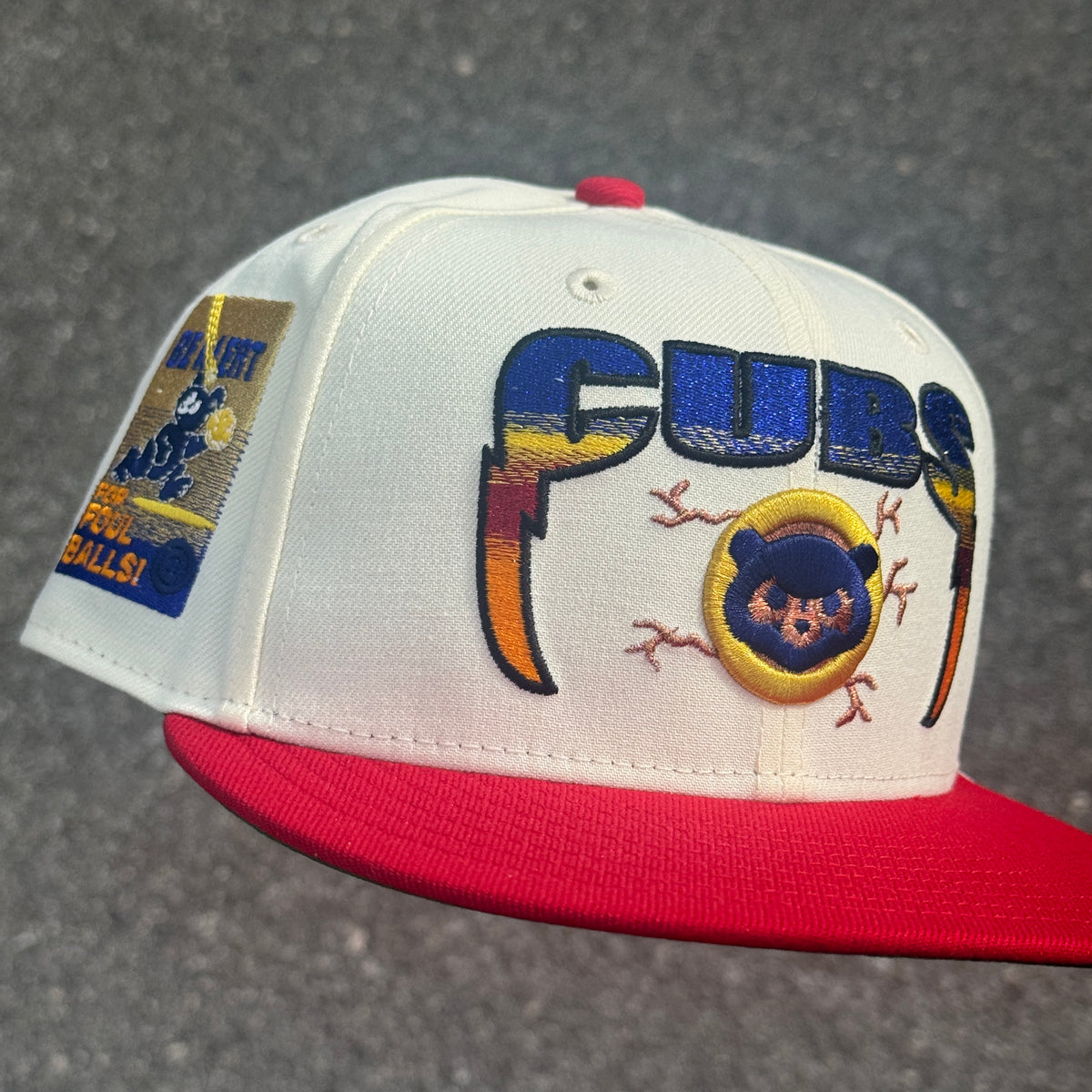 Chicago Cubs Be Alert For Foul Balls Side Patch MLB Fitted Hat New Era 5950 (Off White/Red/Blue/Gold/Orange/Green)