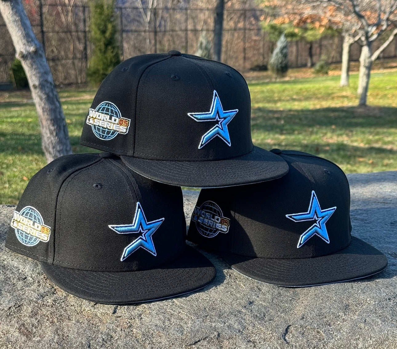 Houston Astros Open Star with 2005 World Series Side Patch Fitted Hat New Era 5950 (Black/Sky Blue)