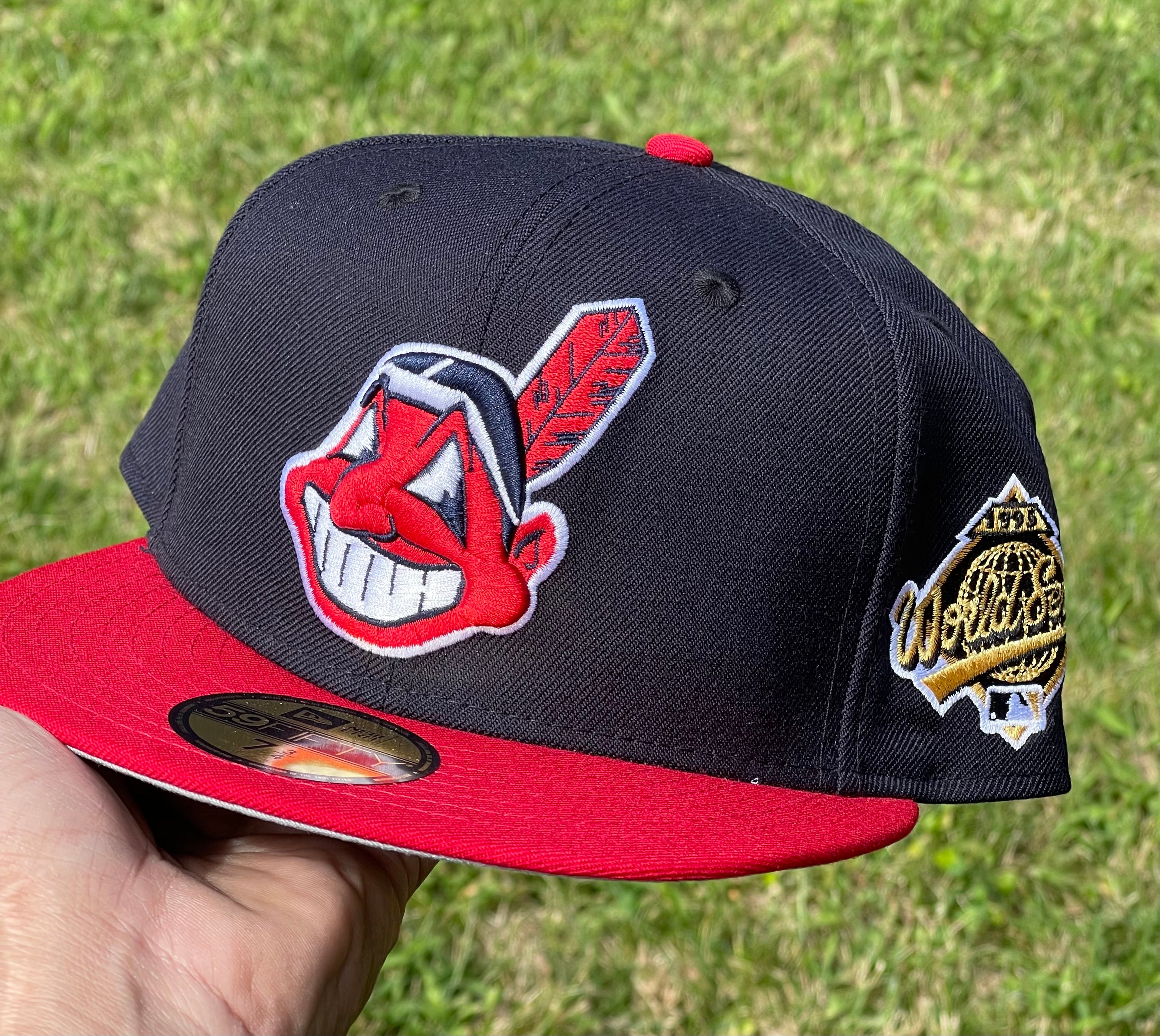 Cleveland Indians Chief Wahoo Banned Logo Two Tone 1995 World Series Fitted with patch on opposite side (Navy Blue/Red) + Free Pin