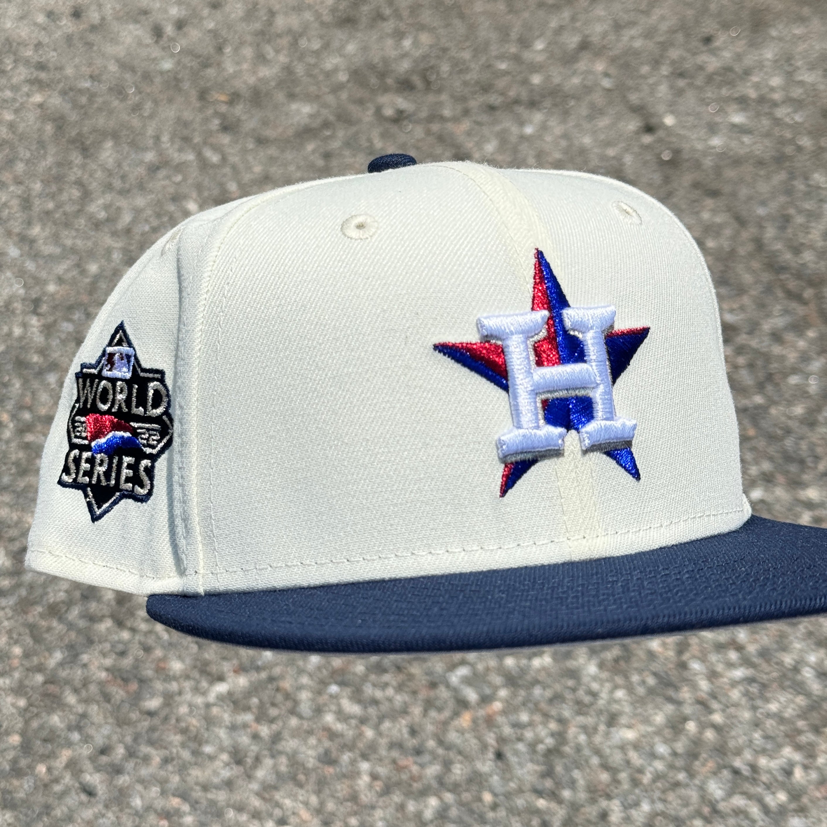 Houston Astros Olympic 2022 World Series Side Patch Fitted Hat New Era 5950 (Off White/Navy Blue/Metallic Blue/Metallic Red/White/Gray)