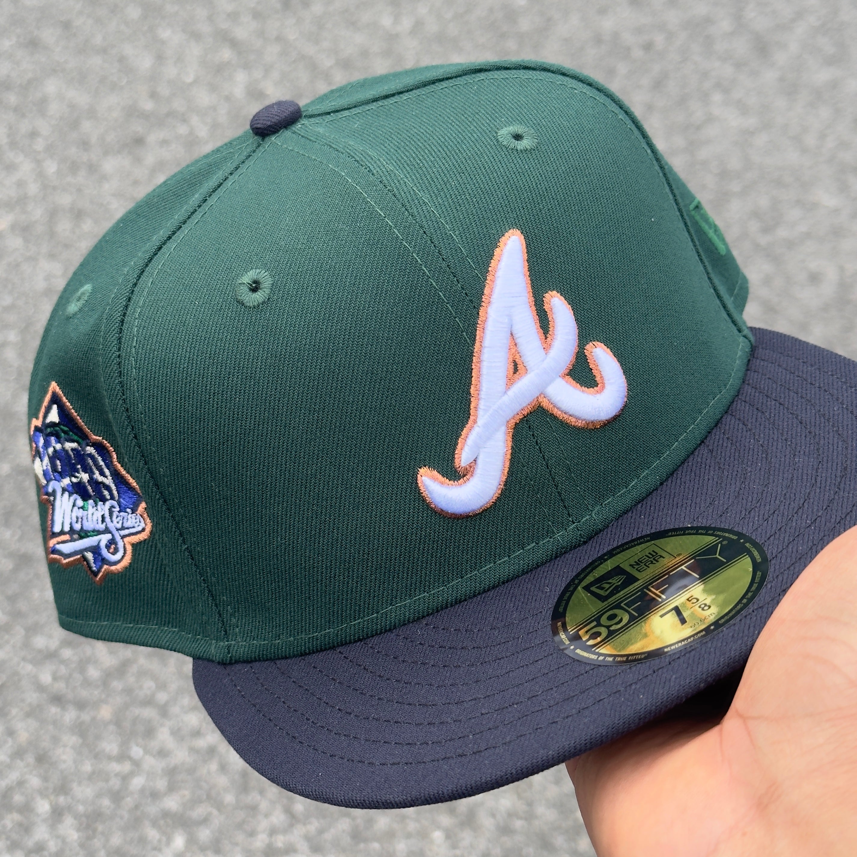 Atlanta Braves 1999 World Series Side Patch Fitted Hat New Era 5950 (Dark Green/Navy Blue/White/Silver/Copper/Gray)