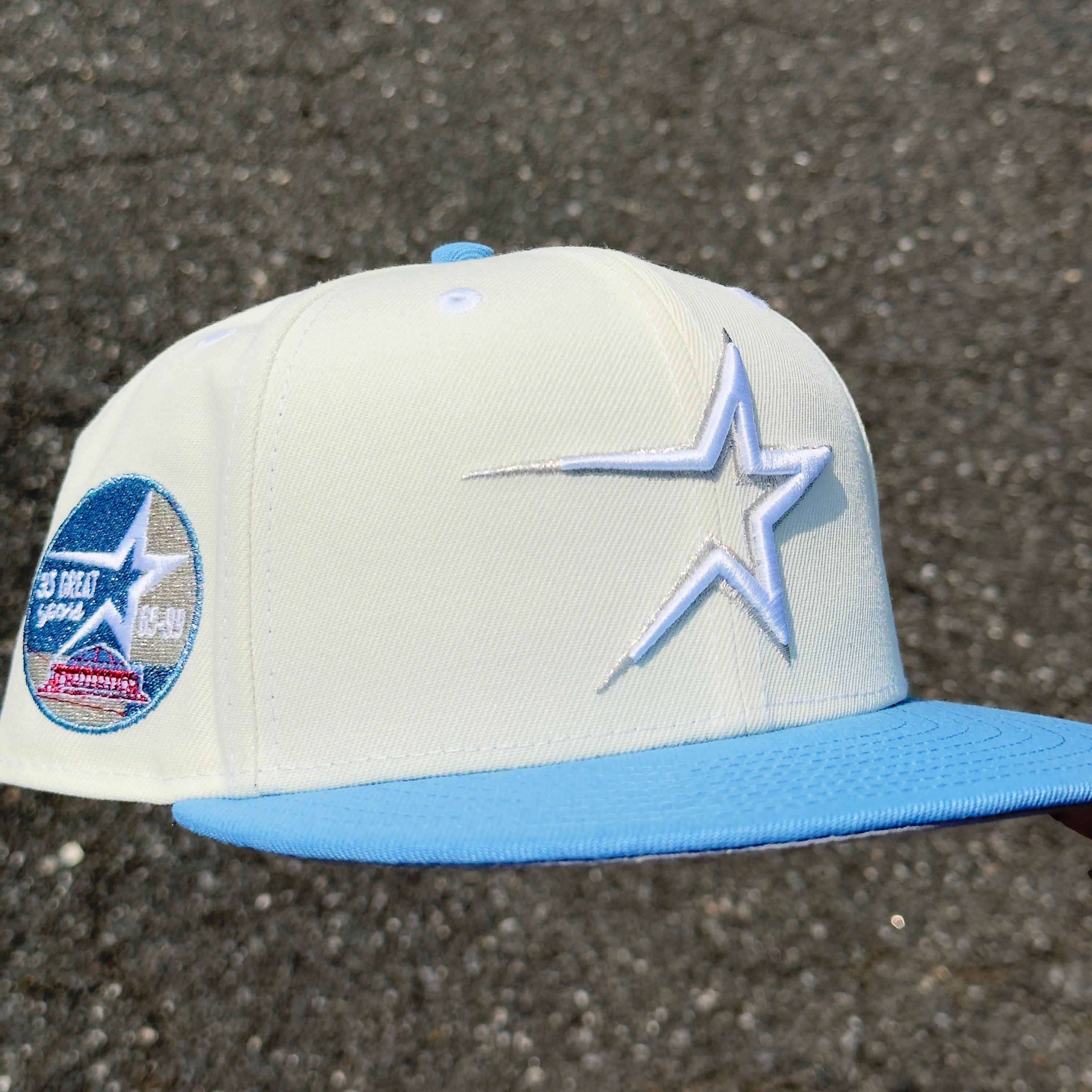 Houston Astros Crossover 35 Great Years Side Patch Fitted Hat New Era 5950 (Off White/Sky Blue/Metallic Blue Gray/Silver/RedGray)