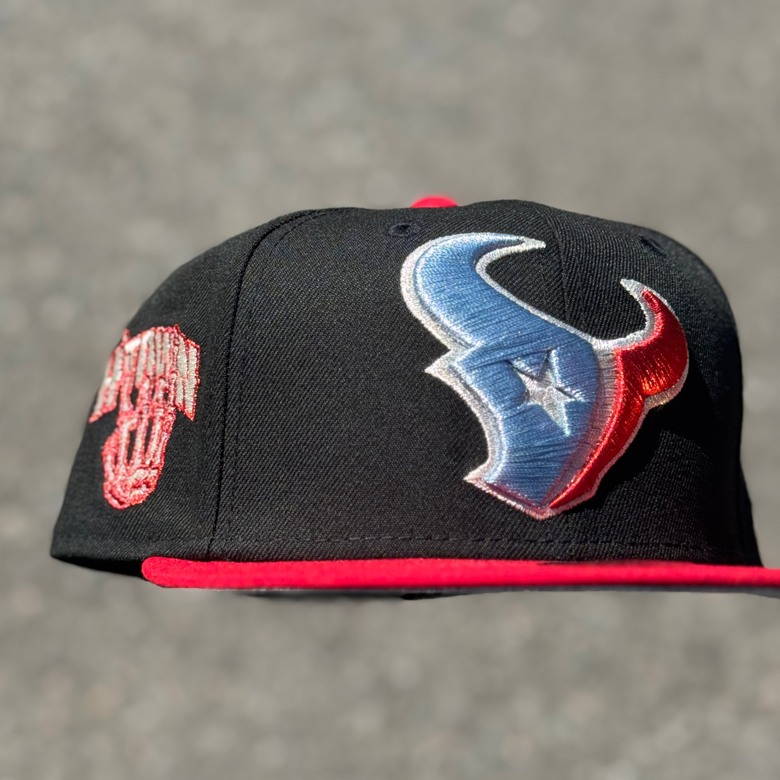 Houston Texans H Town Side Patch NFL Fitted Hat New Era 5950 (Black Metallic Blue Gray/Red/Silver/Gray)
