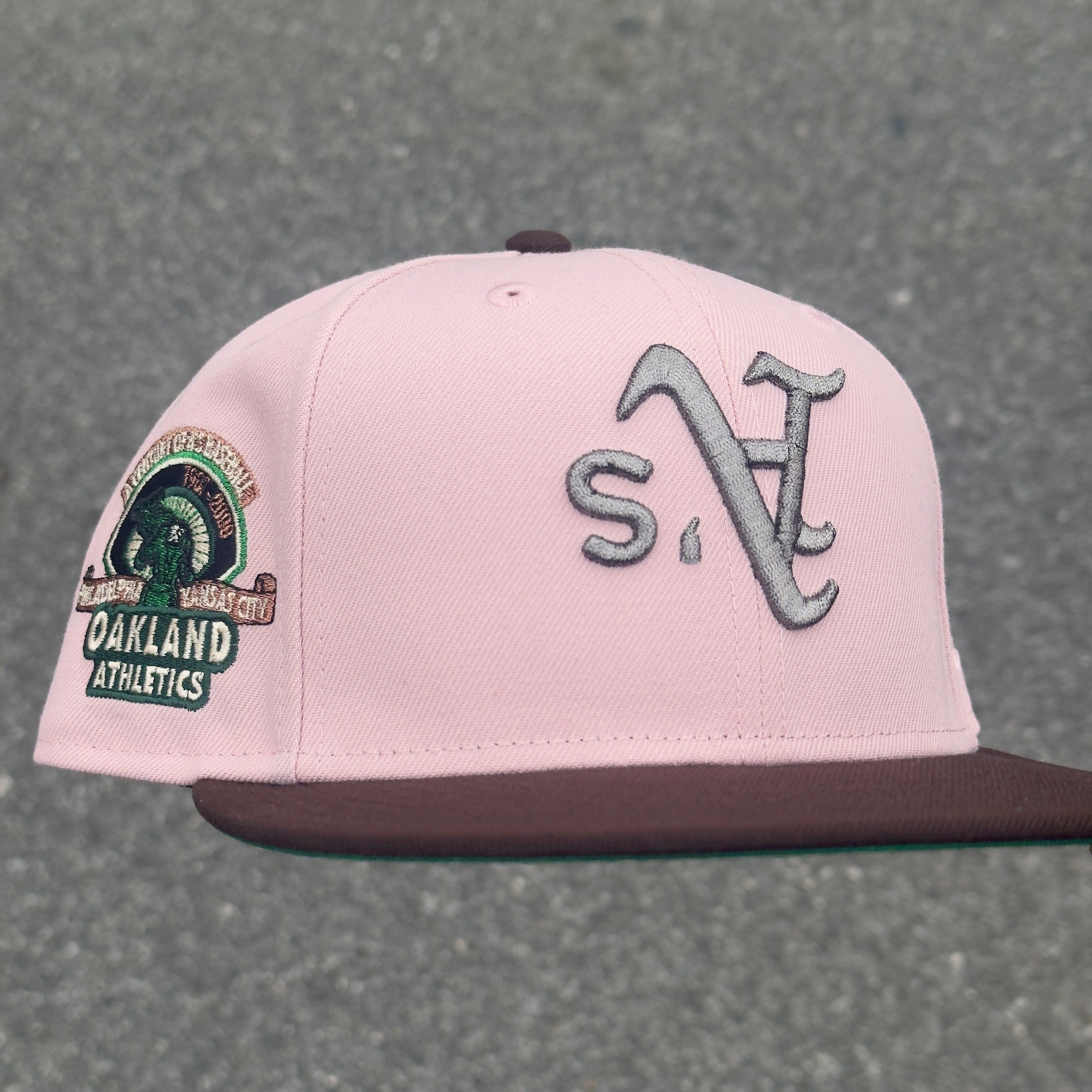 Oakland Athletics A Century of A’s Baseball Side Patch MLB Fitted Hat New Era 5950(Pink/Brown/Green/Pewter)