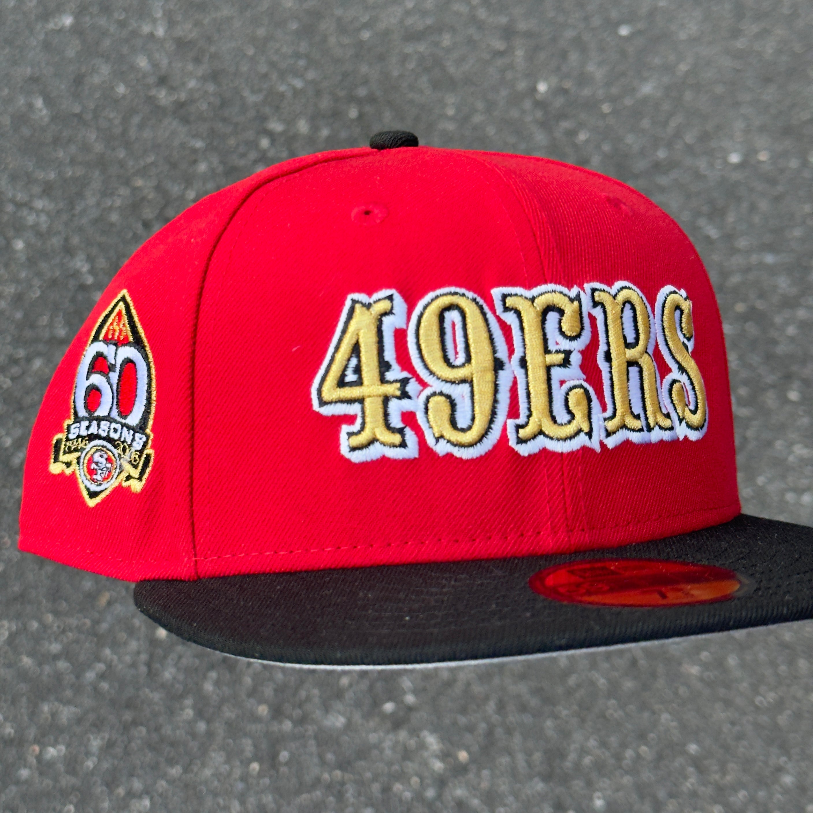 San Francisco 49ers 60 Seasons Side Patch Fitted Hat New Era 5950 (Red/Black/White/Metallic Gold/Gray)