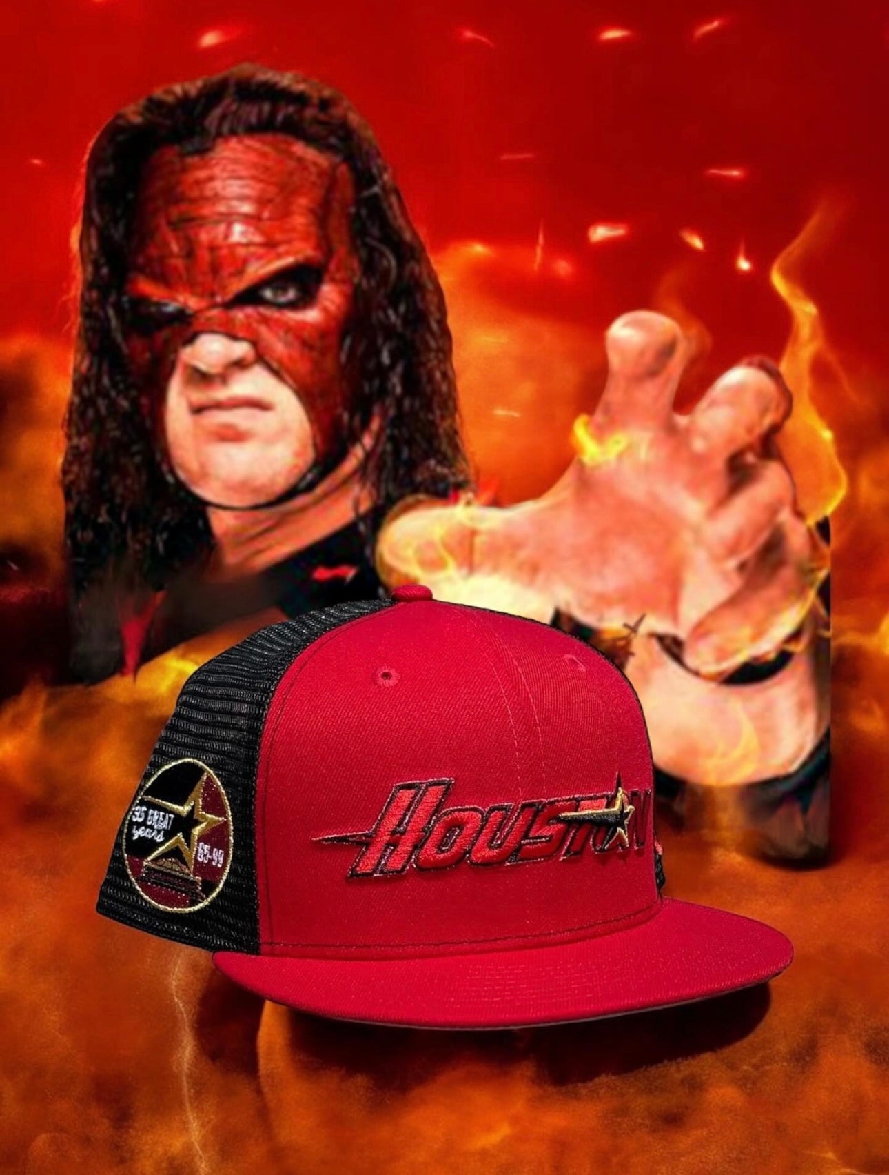 Houston Astros “Kane” Wrestling Houston Logo With 35 Great Years Side Patch Trucker Fitted Hat New Era 5950 (Black/Red/Gold/Gray)