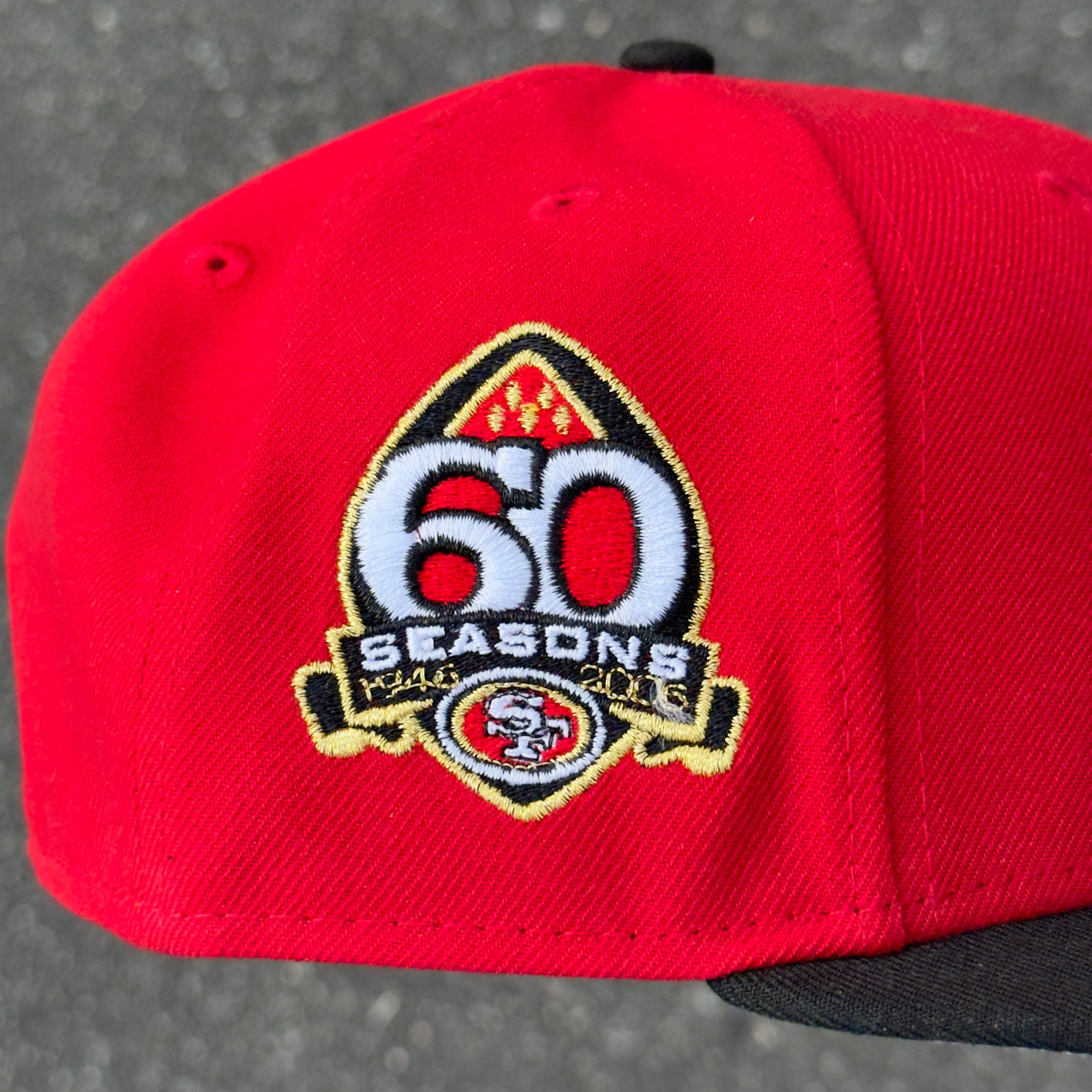 San Francisco 49ers 60 Seasons Side Patch Fitted Hat New Era 5950 (Red/Black/White/Metallic Gold/Gray)