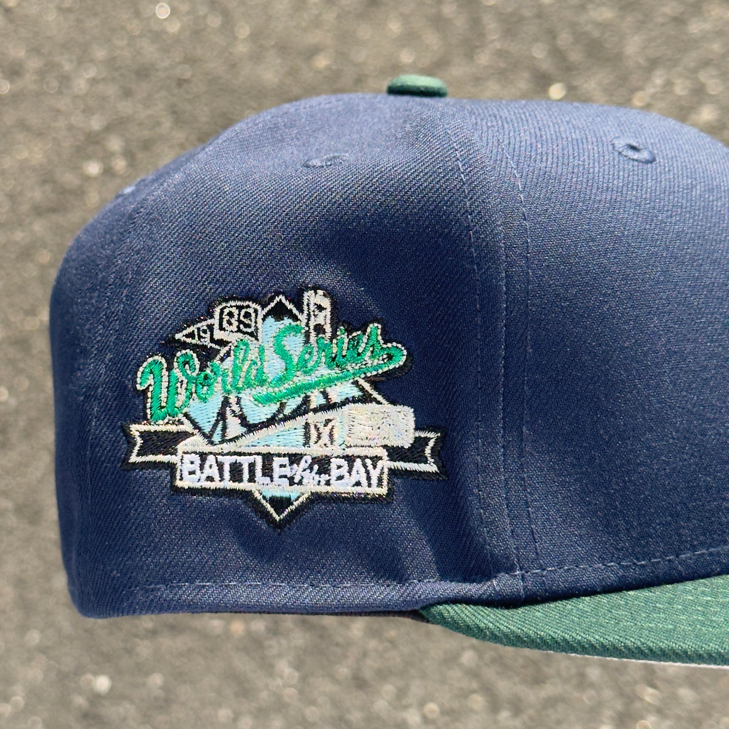 Oakland Athletics 1989 World Series Battle of the Bay Side Patch Fitted Hat New Era 5950 (Blue/Green/White/Black/Sky Blue/Gray)