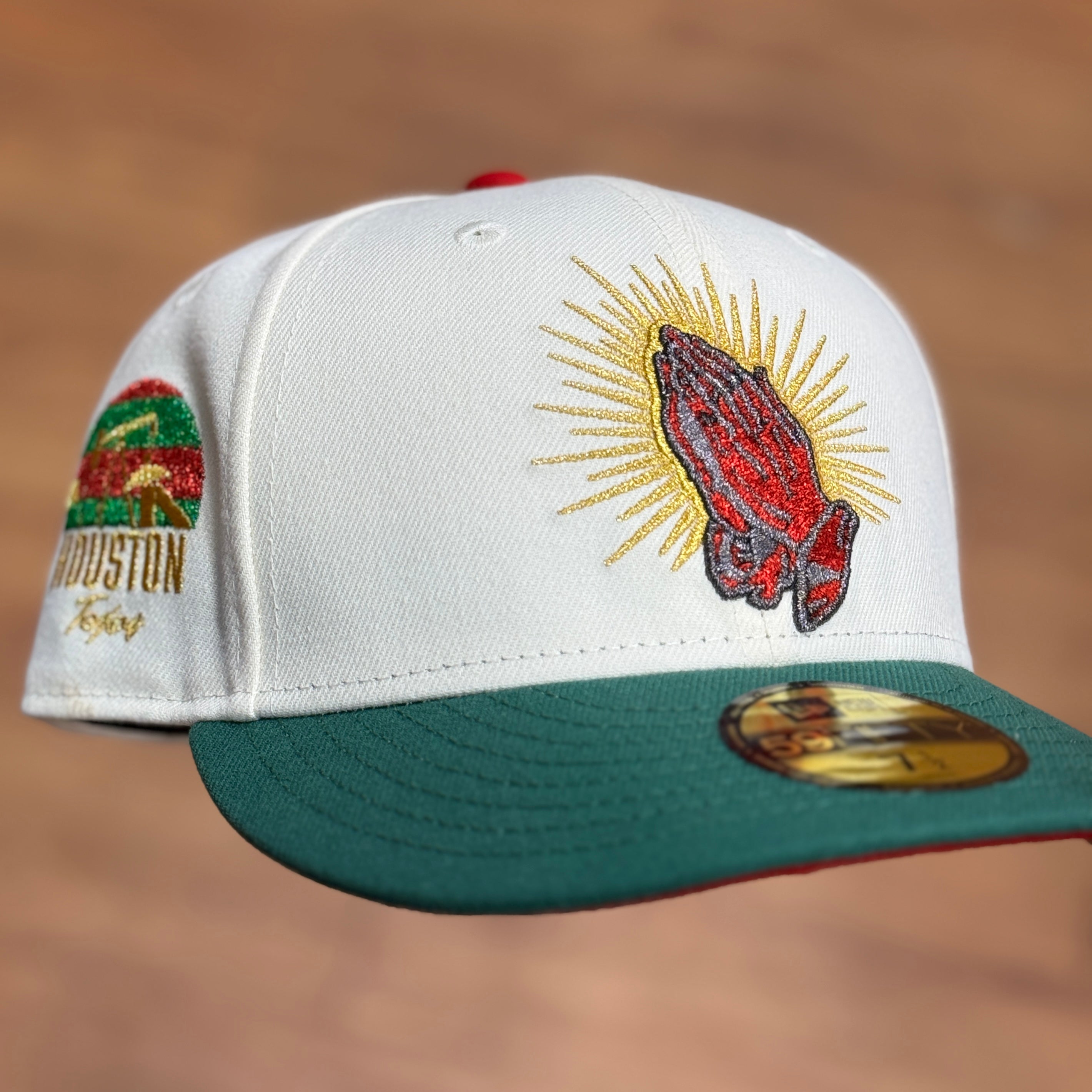 Mexico Praying Hands with Houston Texas Side Patch Fitted Hat New Era 5950 (Off White/Green/Gold/Red)