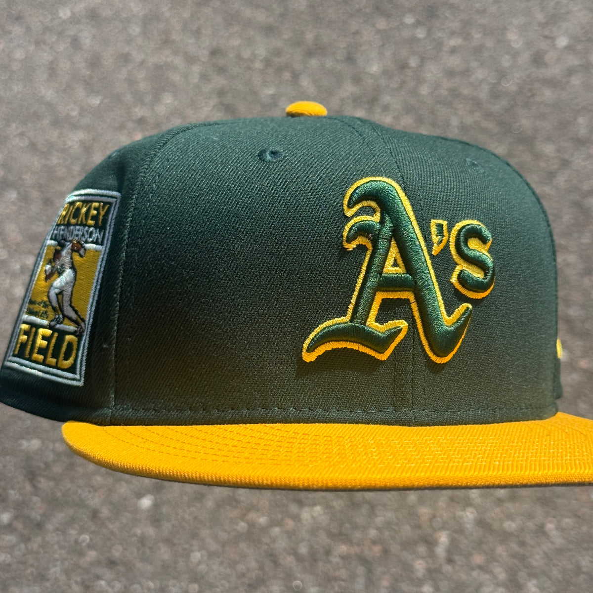 Oakland Athletics Ricky Henderson Field Side Patch Fitted Hat MLB New Era 5950 (Green/Yellow/White/Gray)