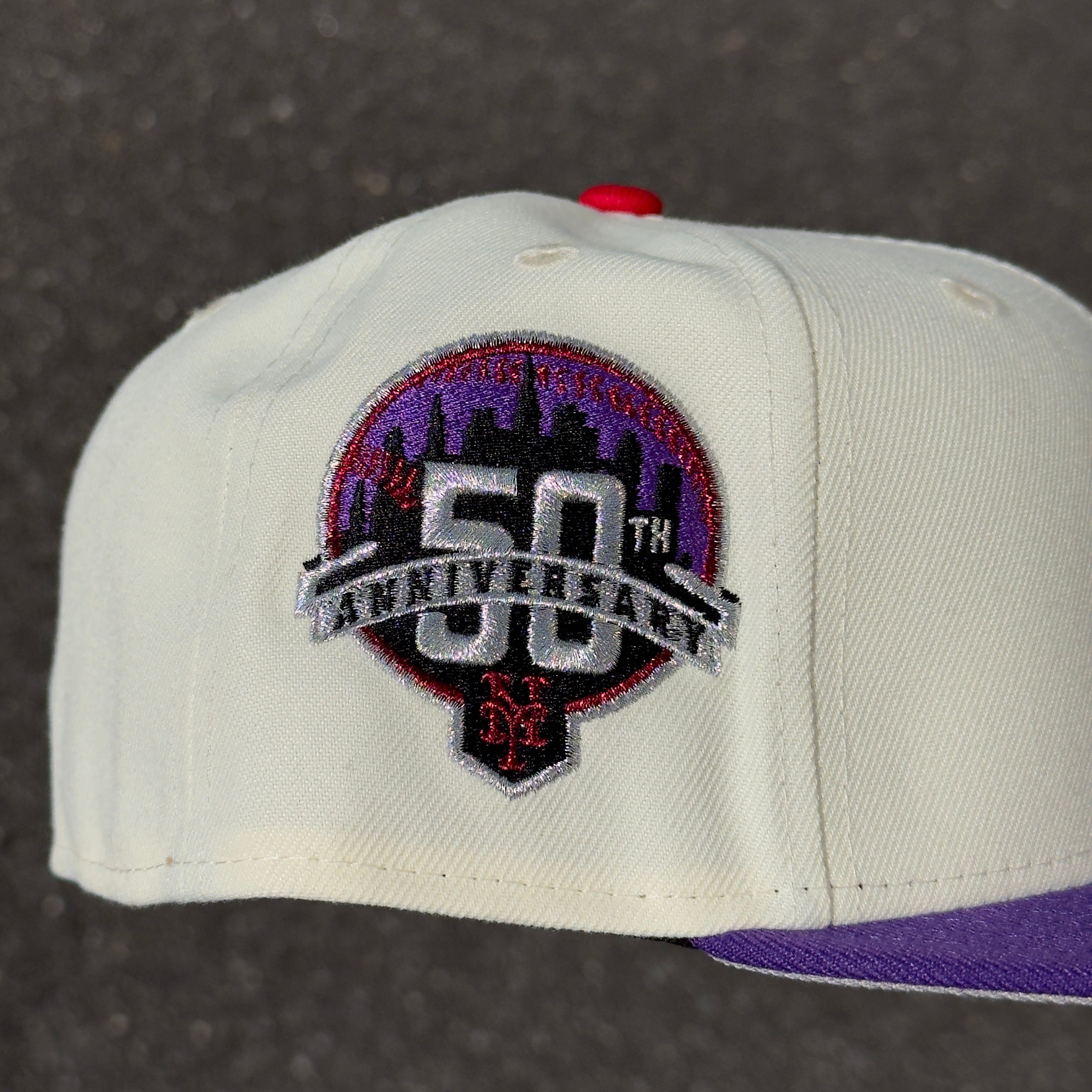 New York Mets 50th Anniversary Side Patch Fitted Hat New Era 5950 (Off White/Purple/Silver/Red/Black/Gray)